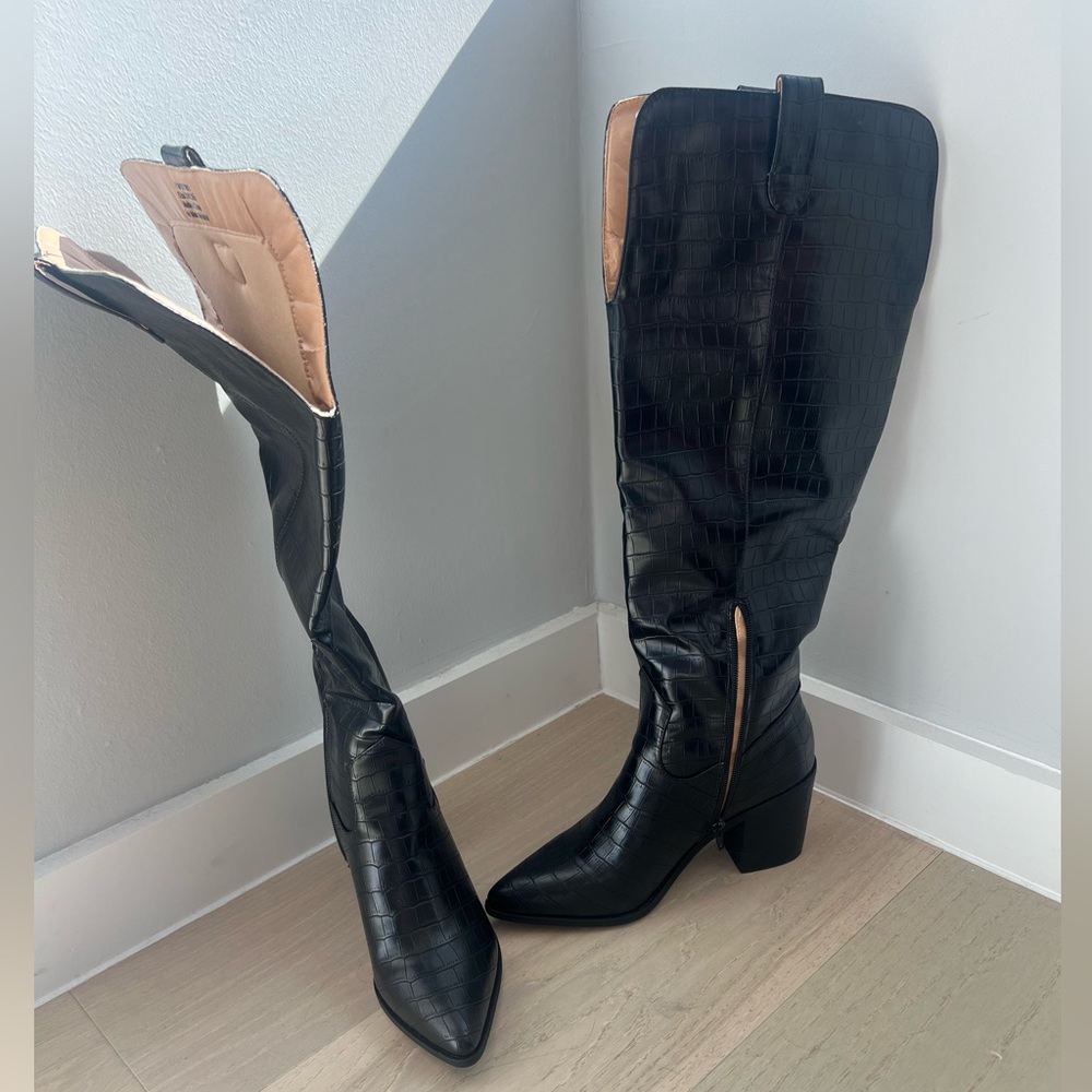 Black faux crocodile boots